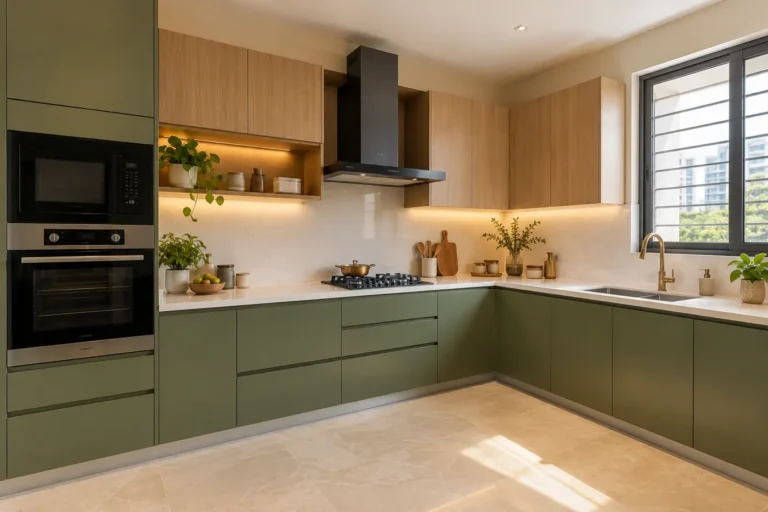 Two-tone modular kitchen with olive green base and light oak upper cabinets