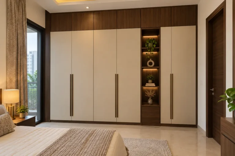 Two-tone wardrobe with walnut frame and beige shutters