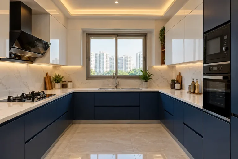 U-shape modular kitchen with navy blue base cabinets, white uppers and cove-lit false ceiling