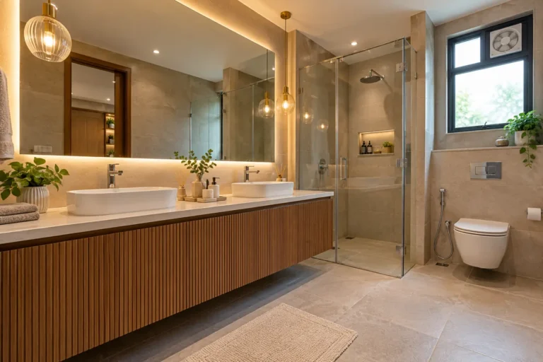 Bathroom with long fluted wood double vanity, quartz top and backlit mirror