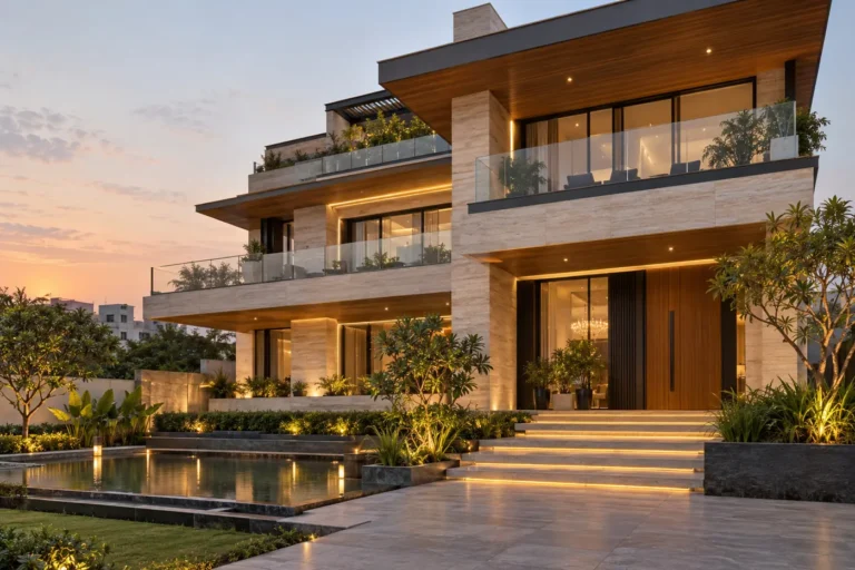 Luxury modern villa front elevation with travertine stone, wood soffits and reflecting pool
