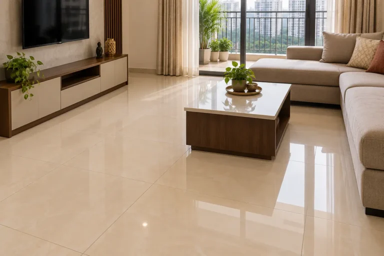 Large glossy vitrified floor tiles in light beige