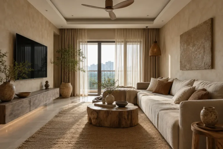 Wabi-sabi living room with lime plaster walls, raw wood and handmade ceramics
