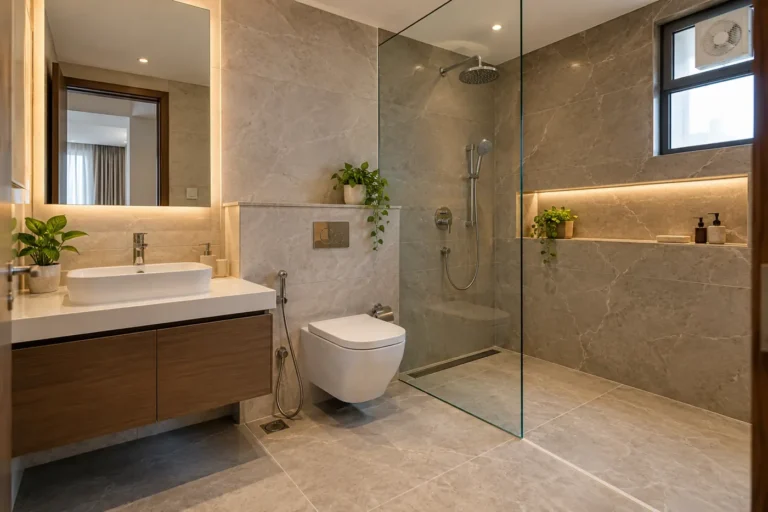 Walk-in shower with linear drain, fixed glass panel and lit wall niche