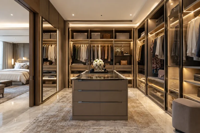 Walk-in wardrobe with open hanging, glass drawers and central island