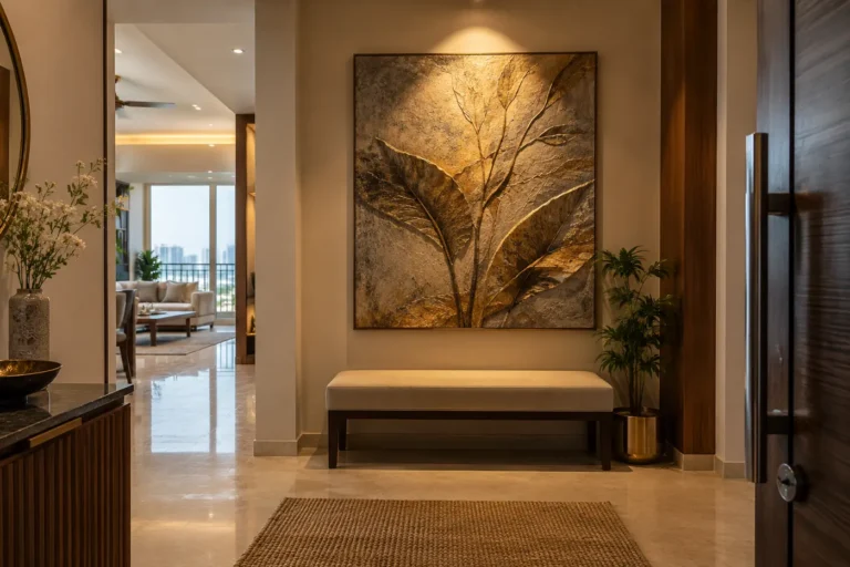 Foyer with large wall art and bench