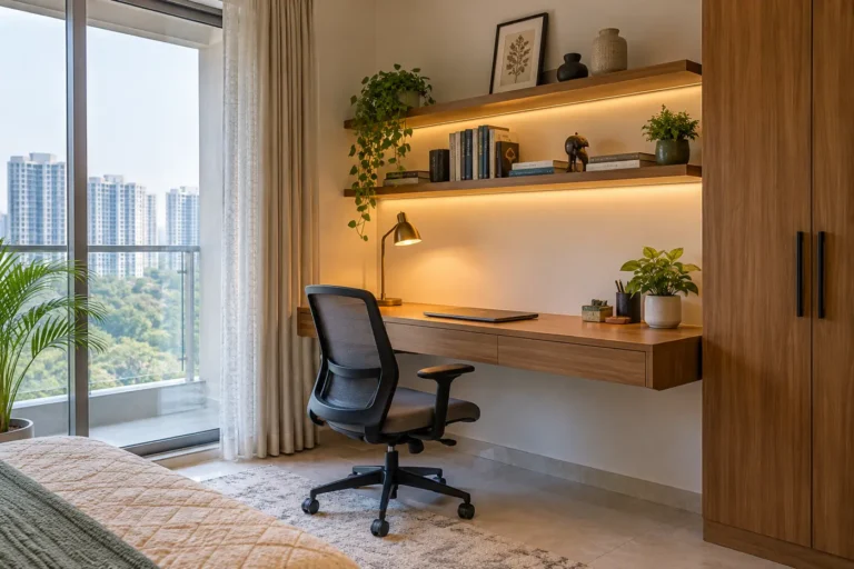 Wall-mounted floating study desk with shelves