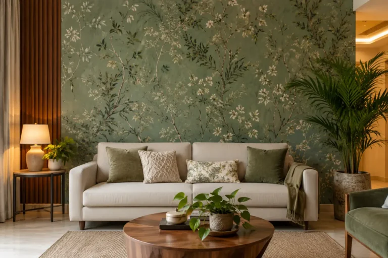 Feature wall with muted green botanical wallpaper