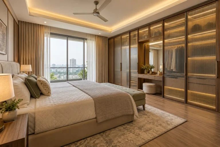 Master bedroom with floor-to-ceiling sliding wardrobe wall in fluted glass and wood