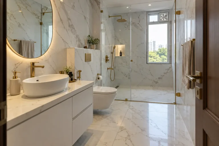 White marble bathroom design with statuario tiles and gold fixtures