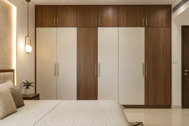 Wardrobe with loft storage up to the ceiling in walnut and cream