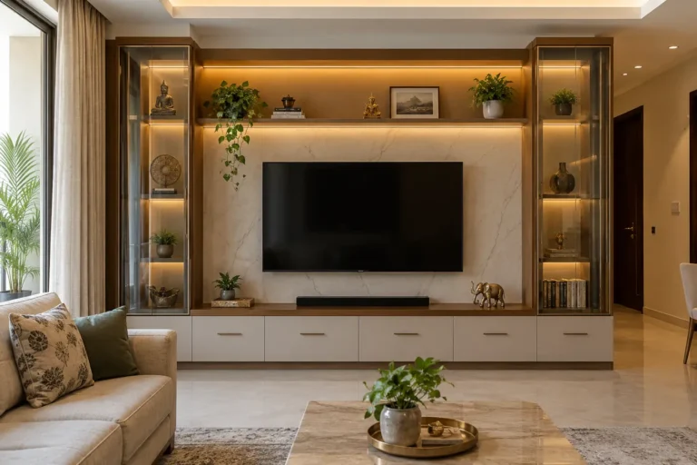 TV unit with drawers, tall glass cabinets and shelves