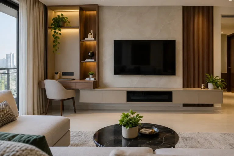 TV unit continuing into a study desk