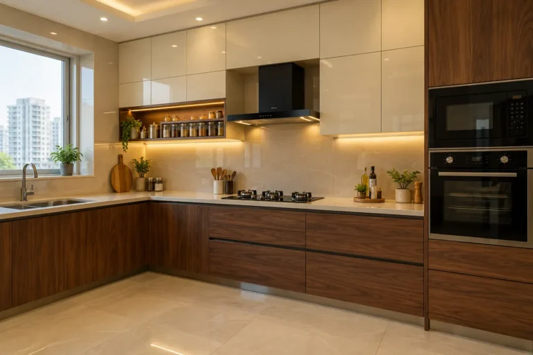 Wood texture modular kitchen with walnut grain base cabinets and cream uppers