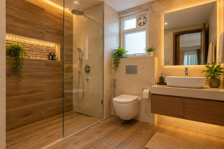 Spa bathroom with wood-look tiles, pebble niche, plants and warm lighting
