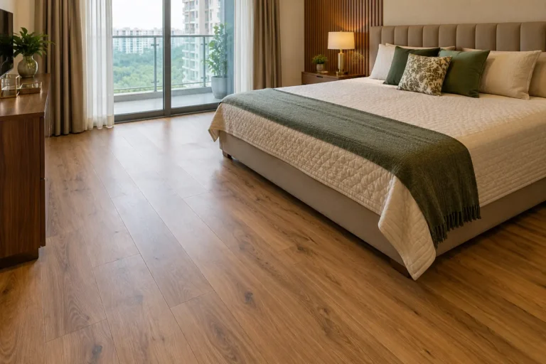Oak wooden laminate floor in a bedroom