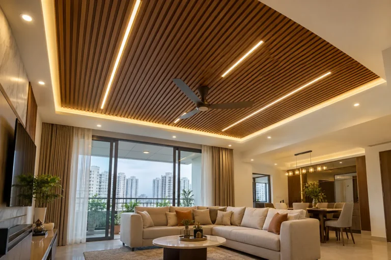 Wooden strip false ceiling with linear lights