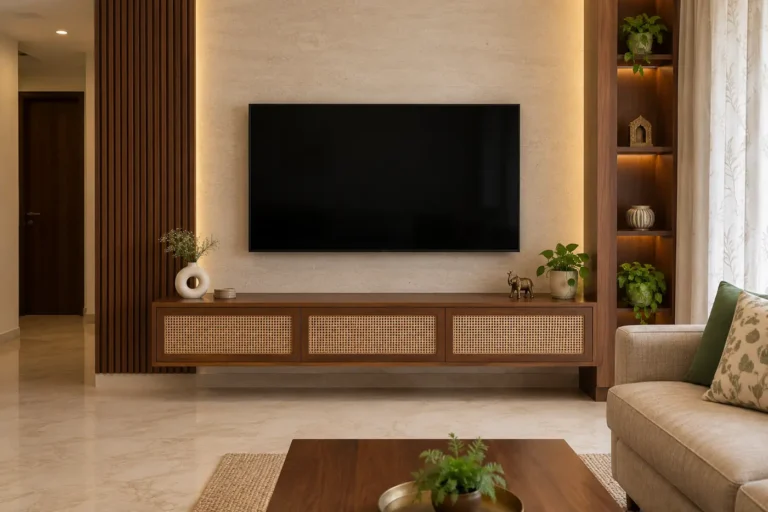 Wooden TV unit with slatted panel and cane cabinets