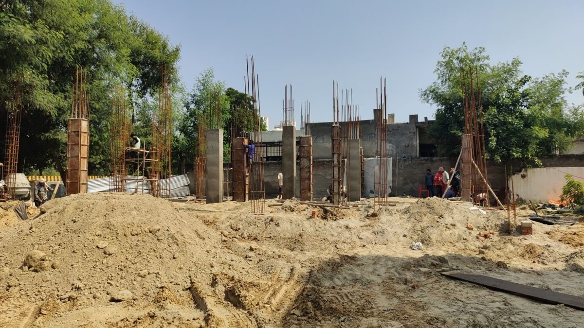 RCC column work in progress at a construction site in Greater Noida